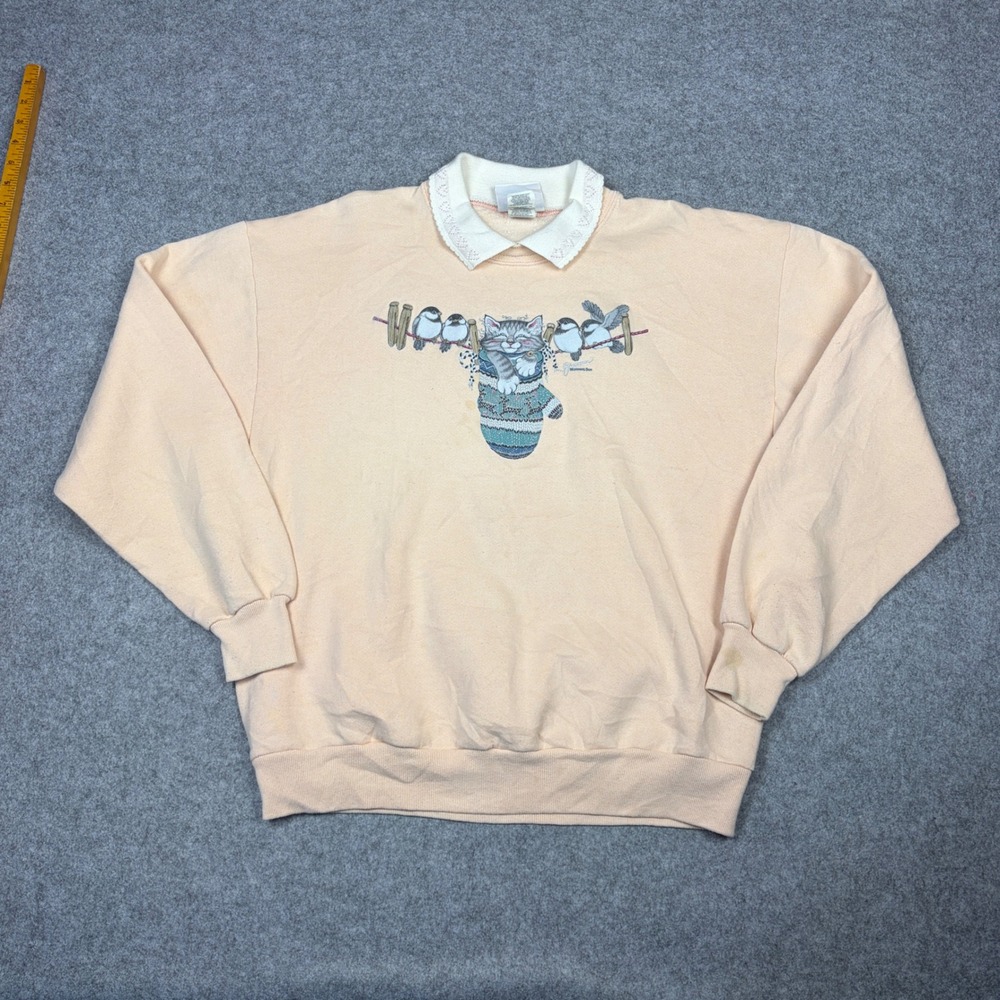 Vintage Morning Sun Peach Cat Bird Mitten Lace Collar Sweatshirt Large USA Made